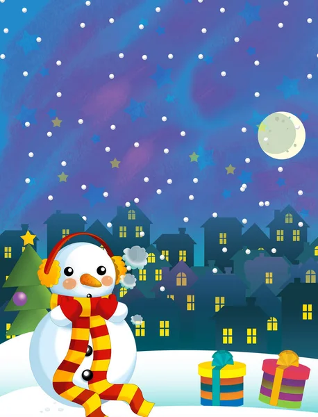 Karikatyr Jul Lycklig Scen Med Snögubbe Illustration För Barn — Stockfoto
