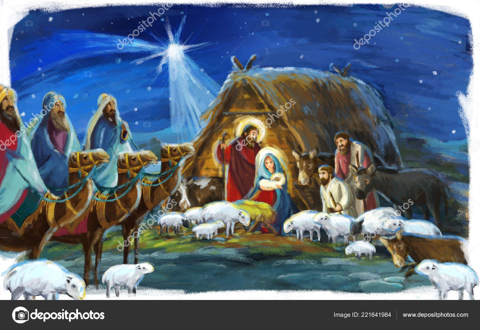宗教図 キングス や子供のための神聖な家族 羊やロバと伝統的なシーン イラスト— ストックイラストレーション by © illustrator_hft  #221641984, image size:1600x1099