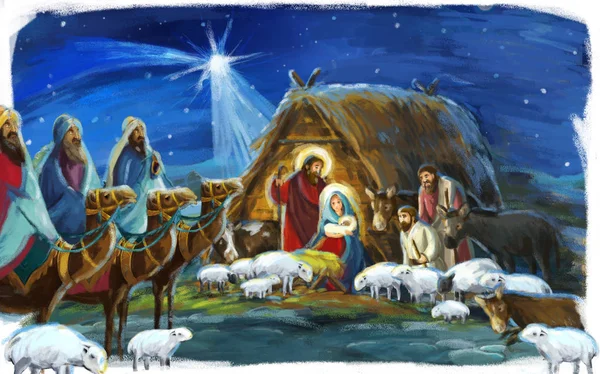 Ilustração Religiosa Três Reis Família Santa Cena Tradicional Com Ovelhas — Fotografia de Stock