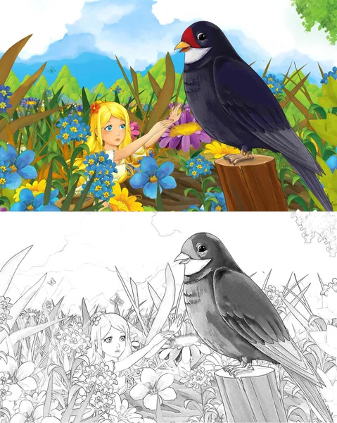 卡通场景与美丽的小精灵女孩在草地上与布谷鸟交谈 与着色页 创造性的例证为孩子 — 图库照片
