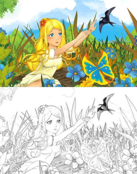 卡通场景与美丽的小精灵女孩在草地上看着飞行蝴蝶 与着色页 创造性的插图为孩子 — 图库照片