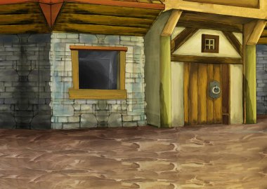 Taverna gibi bir binası olan ortaçağ caddesiyle karikatür sahnesi - çocuklar için illüstrasyon