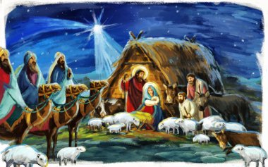 Kutsal Aile üç krallar ve hayvanlar için farklı kullanım ile geleneksel Noel sahne