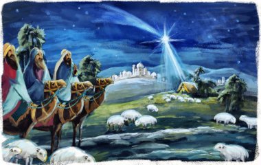 Kutsal Aile üç krallar ve hayvanlar için farklı kullanım ile geleneksel Noel sahne
