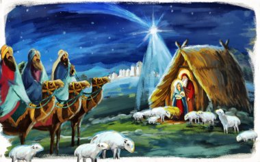 Kutsal Aile üç krallar ve hayvanlar için farklı kullanım ile geleneksel Noel sahne