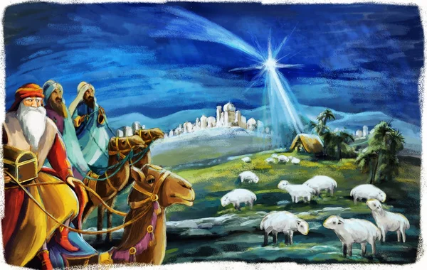 Scène Noël Traditionnelle Avec Sainte Famille Trois Rois Animaux Pour — Photo