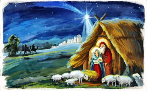Παραδοσιακά Χριστούγεννα Σκηνή Την Αγία Οικογένεια Τριών Βασιλιάδων Και Ζώα — Φωτογραφία Αρχείου