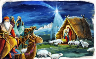 Kutsal Aile üç krallar ve hayvanlar için farklı kullanım ile geleneksel Noel sahne