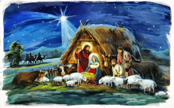Παραδοσιακά Χριστούγεννα Σκηνή Την Αγία Οικογένεια Τριών Βασιλιάδων Και Ζώα — Φωτογραφία Αρχείου