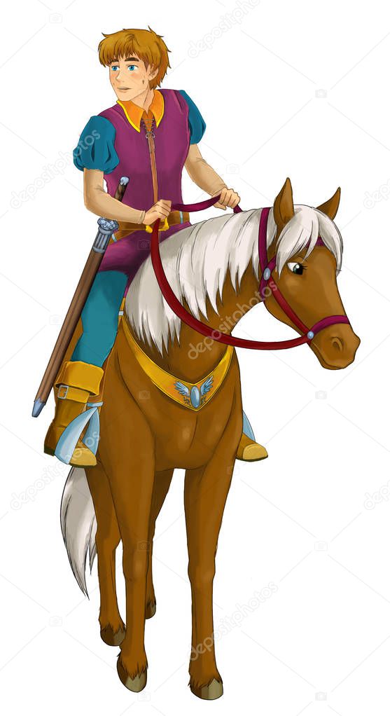 cartoon scene with prince riding on horse on white background - illustration for children