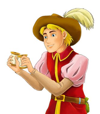 Seyir ve gülümseyen - çocuklar için illüstrasyon karikatür Ortaçağ karakteri - soylu ayakta konuşan açıklayan - mutlu prens