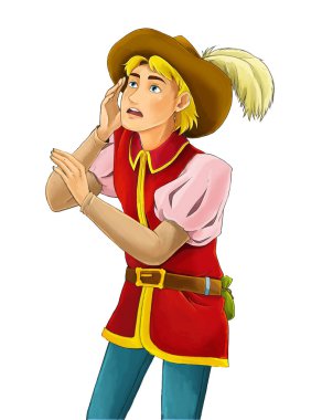 Seyir ve gülümseyen - çocuklar için illüstrasyon karikatür Ortaçağ karakteri - soylu ayakta konuşan açıklayan - mutlu prens