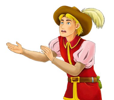 Seyir ve gülümseyen - çocuklar için illüstrasyon karikatür Ortaçağ karakteri - soylu ayakta konuşan açıklayan - mutlu prens