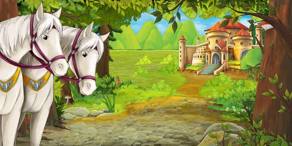 Cartoon nature scene with beautiful castle near the forest - illustration for children