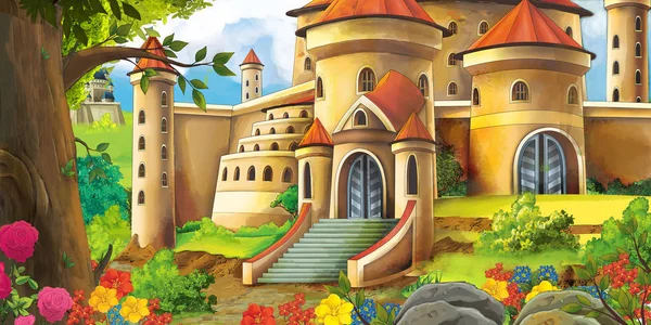 Dibujos Animados Escena Naturaleza Con Hermosos Castillos Cerca Del Bosque — Foto de Stock