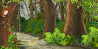 Ormanda yolu olan bir karikatür yaz sahnesi - olay yerinde kimse yok- çocuklar için çizim