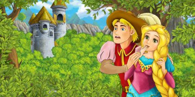 çizgi film sahne kale kule ile açılan pencerede Prens ve Prenses uçan cadı - illüstrasyon çocuklar için arıyorsunuz