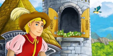 kale kule ile açılan pencerede Prens ön - illüstrasyon çocuklar için çizgi film sahne