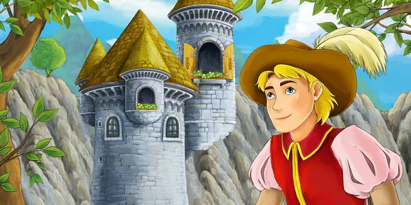 Escena Dibujos Animados Torre Del Castillo Con Ventana Abierta Príncipe —  Fotos de Stock