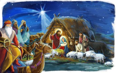 Kutsal Aile ve üç krallar için farklı kullanım - illüstrasyon çocuklar için geleneksel Noel sahne