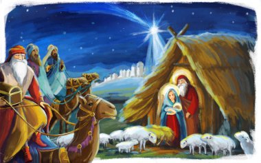 Kutsal Aile ve üç krallar için farklı kullanım - illüstrasyon çocuklar için geleneksel Noel sahne