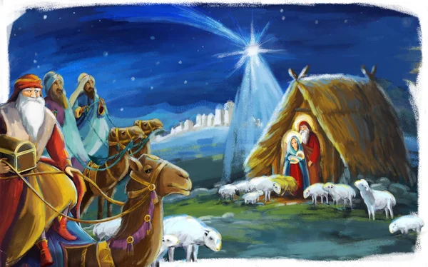 Традиционная Рождественская Сцена Святой Семьей Тремя Королями Различного Использования Иллюстрация — стоковое фото