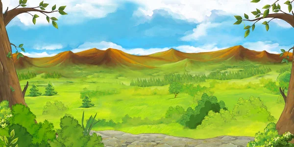 Escena Dibujos Animados Con Montañas Árboles Del Prado Escenario Para — Foto de Stock