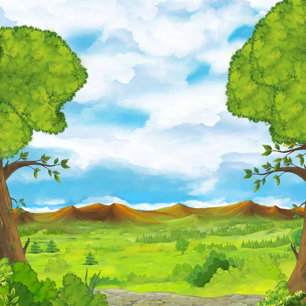 Zeichentrickszene Mit Wiesenbergen Und Bäumen Bühne Für Unterschiedliche Nutzung Illustration — Stockfoto