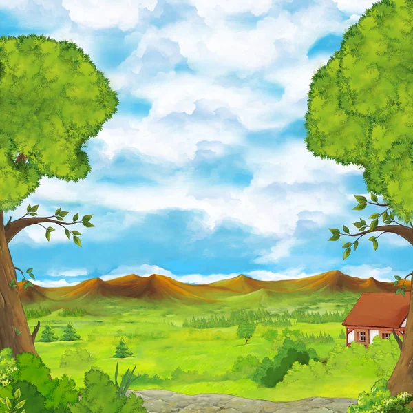 cartoon scene with meadow mountains and trees - stage for different usage - illustration for children