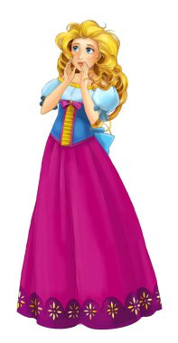 Beyaz arka planda güzel prensesin olduğu çizgi film sahnesi - çocuklar için illüstrasyon