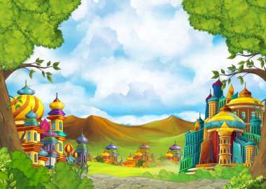 Ortaçağ şatolarının olduğu karikatür sahnesi - uzak doğu krallığı - çocuklar için resimdir.