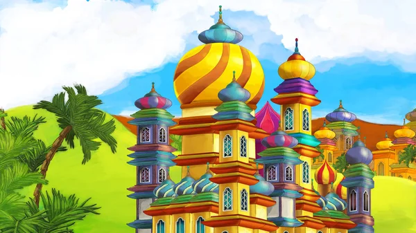 Cartoon Scene Met Prachtige Middeleeuwse Kastelen Verre Oosten Koninkrijk Illustratie — Stockfoto