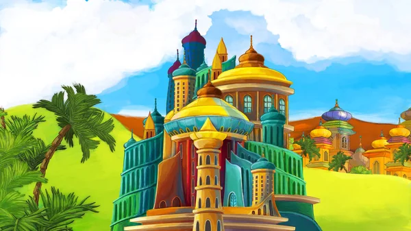 Cartoon Scene Met Prachtige Middeleeuwse Kastelen Verre Oosten Koninkrijk Illustratie — Stockfoto