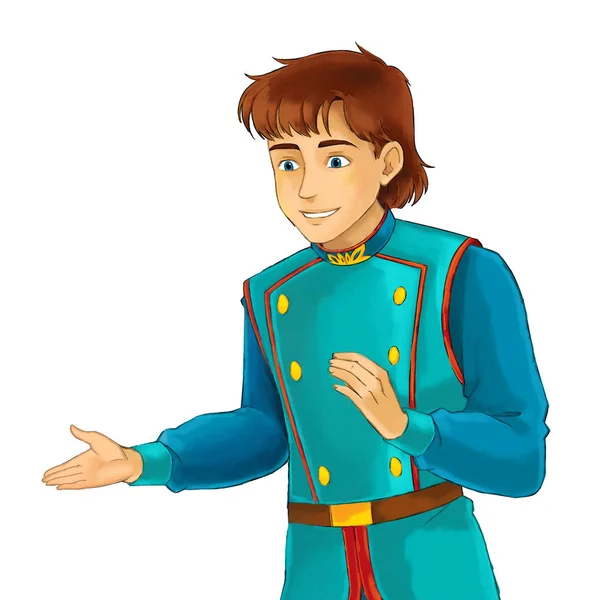 Cartoon medieval character - nobleman standing talking explaining - happy prince looking and smiling - illustration for children