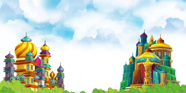 Escena Dibujos Animados Con Hermosos Castillos Medievales Reino Del Lejano — Foto de Stock