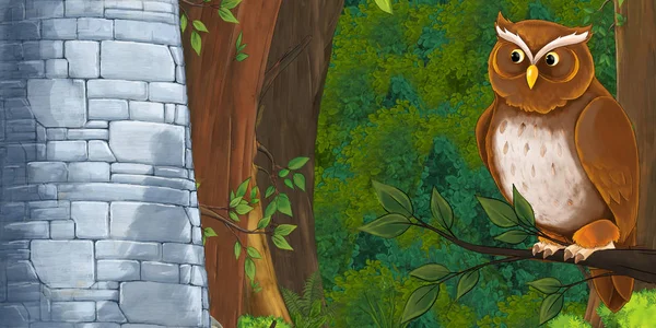 卡通片场景在森林深处的一座石塔上 猫头鹰坐着看 给孩子们的插图 — 图库照片