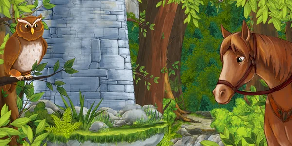Scena Dei Cartoni Animati Qualche Torre Pietra Nella Foresta Profonda — Foto Stock