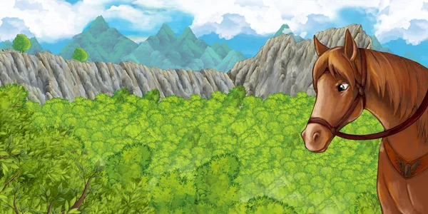 Cartoon Scene Forest Crater Surrounded Mountains Horse Standing Looking Illustration — Stock Photo, Image