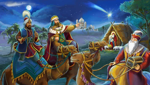 Religious Illustration Three Kings Holy Family Traditional Scene Illustration Children — Stock Photo, Image