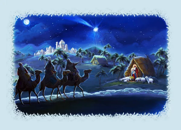 Illustrazione Religiosa Tre Santa Famiglia Scena Tradizionale Illustrazione Bambini — Foto Stock