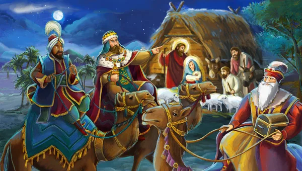 Ilustración Religiosa Tres Reyes Sagrada Familia Escena Tradicional Ilustración Para — Foto de Stock