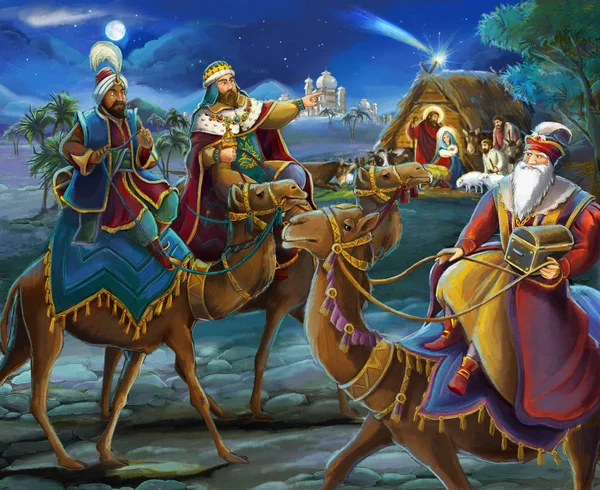Illustration Religieuse Trois Rois Sainte Famille Scène Traditionnelle Illustration Pour — Photo