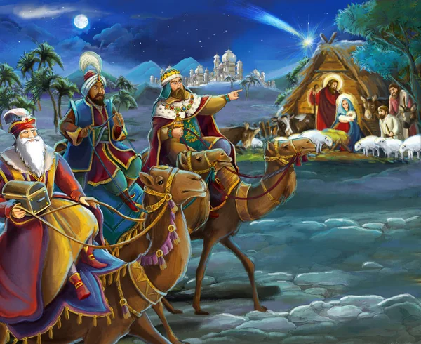 Religious Illustration Three Kings Holy Family Traditional Scene Illustration Children — Stock Photo, Image