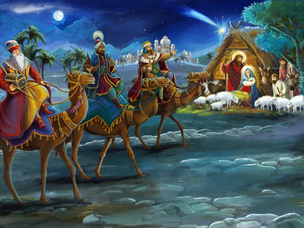 Religious Illustration Three Kings Holy Family Traditional Scene Illustration Children — Stock Photo, Image