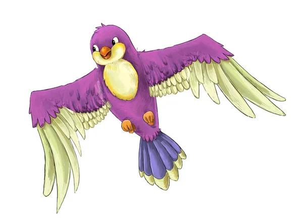 Desenhos Animados Pássaro Colorido Exótico Voando Sobre Fundo Branco Ilustração — Fotografia de Stock