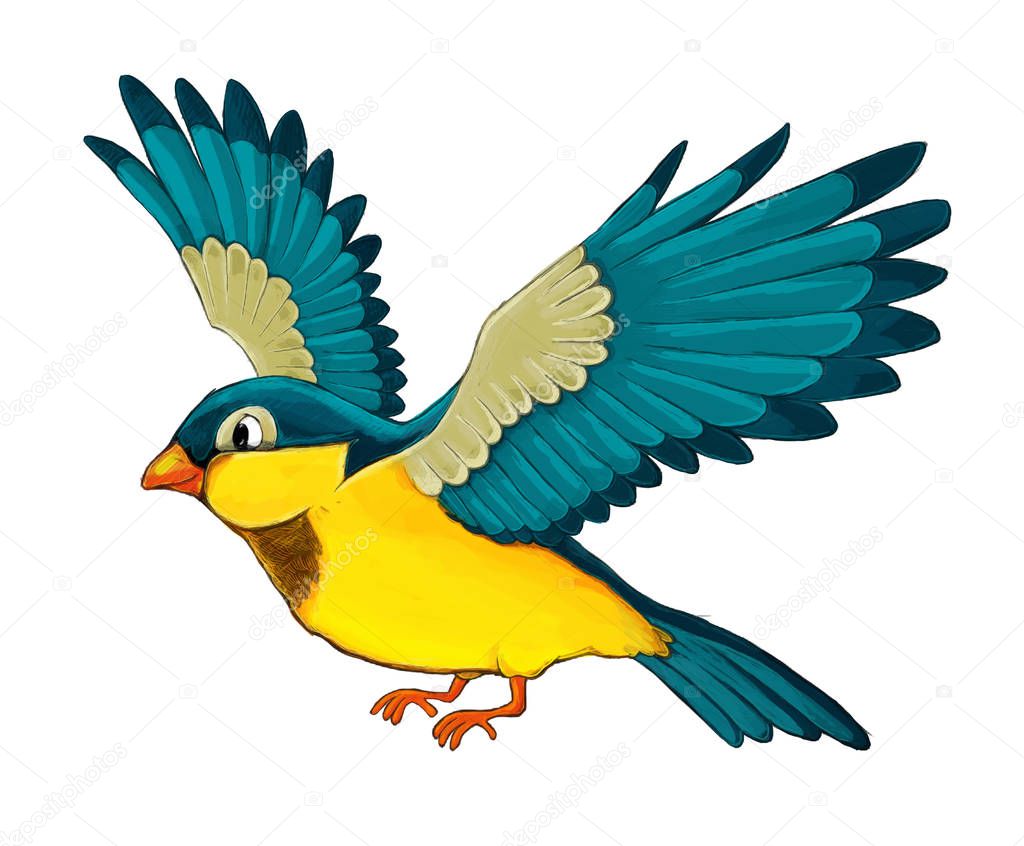 Cartoon exotic colorful bird - flying on white background - illustration for children