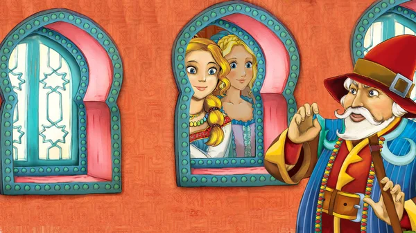 卡通片场景 带有中世纪阿拉伯风格的房间 有王子或国王 公主或王后 远东饰品 不同用途的舞台 儿童插图 — 图库照片