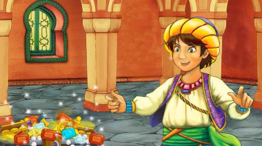 Ortaçağ Arap odası ile karikatür sahnesi hazineler ve prens veya kral - uzak doğu süslemeleri - çocuklar için farklı kullanım sahnesi