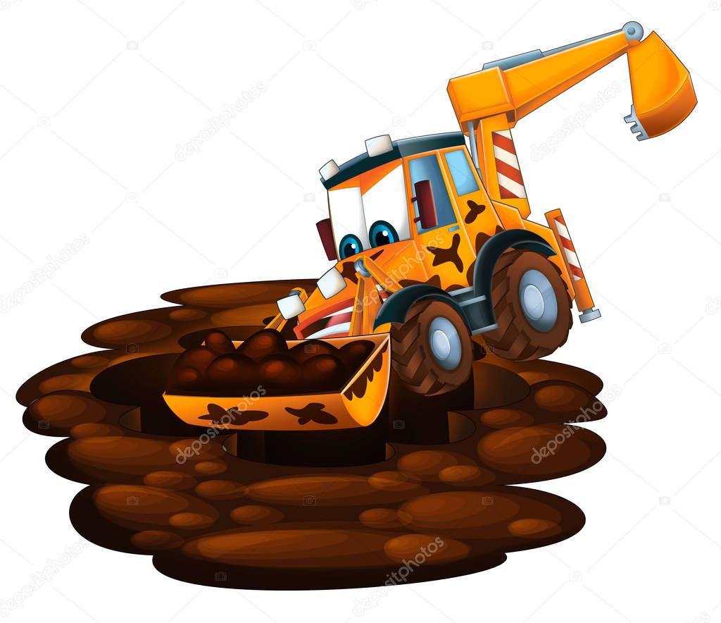 Cartoon funny excavator - on white background - illustration for children