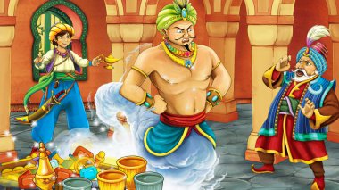 Ortaçağ Arap odası ile karikatür sahnesi hazineler, prens ve büyücü - uzak doğu süsleri - çocuklar için farklı kullanım sahnesi - resimleme